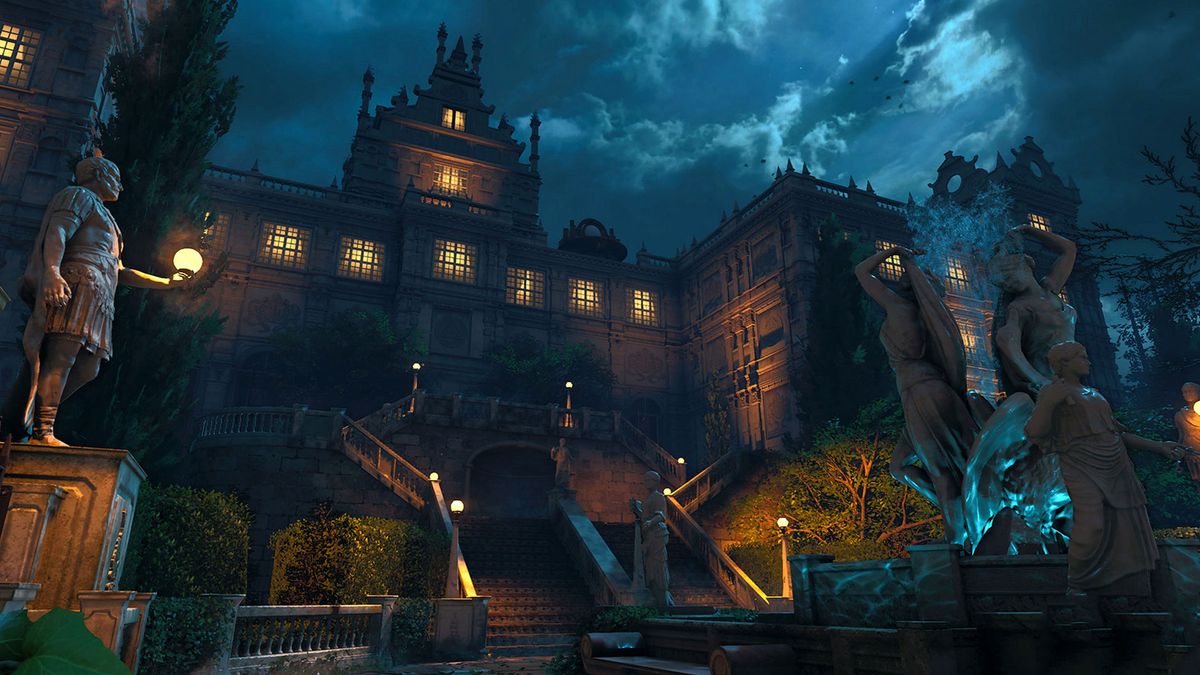 Night scene with a man in front of a vampire manor