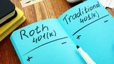 Roth 401k vs traditional. Comparison of retirement plans in a notebook.