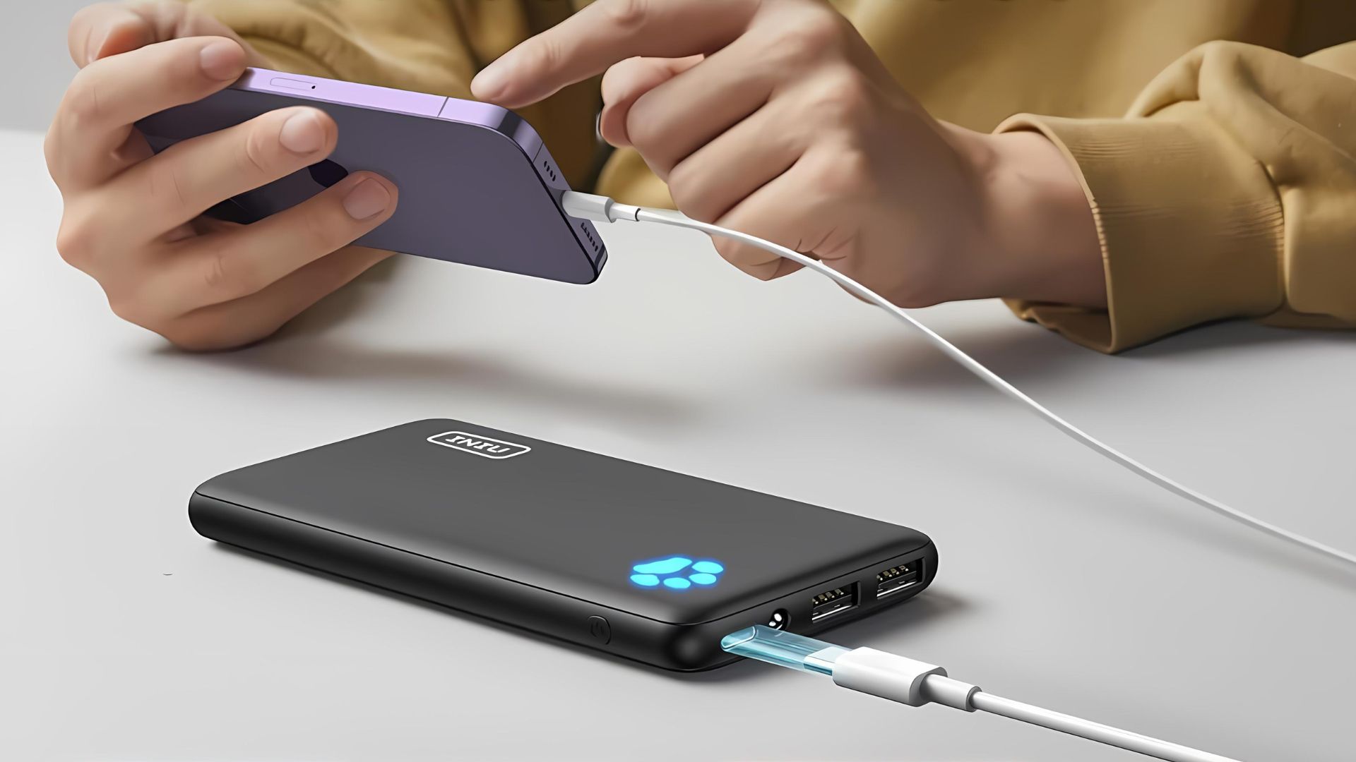 A person using a phone connected to an INIU portable charger