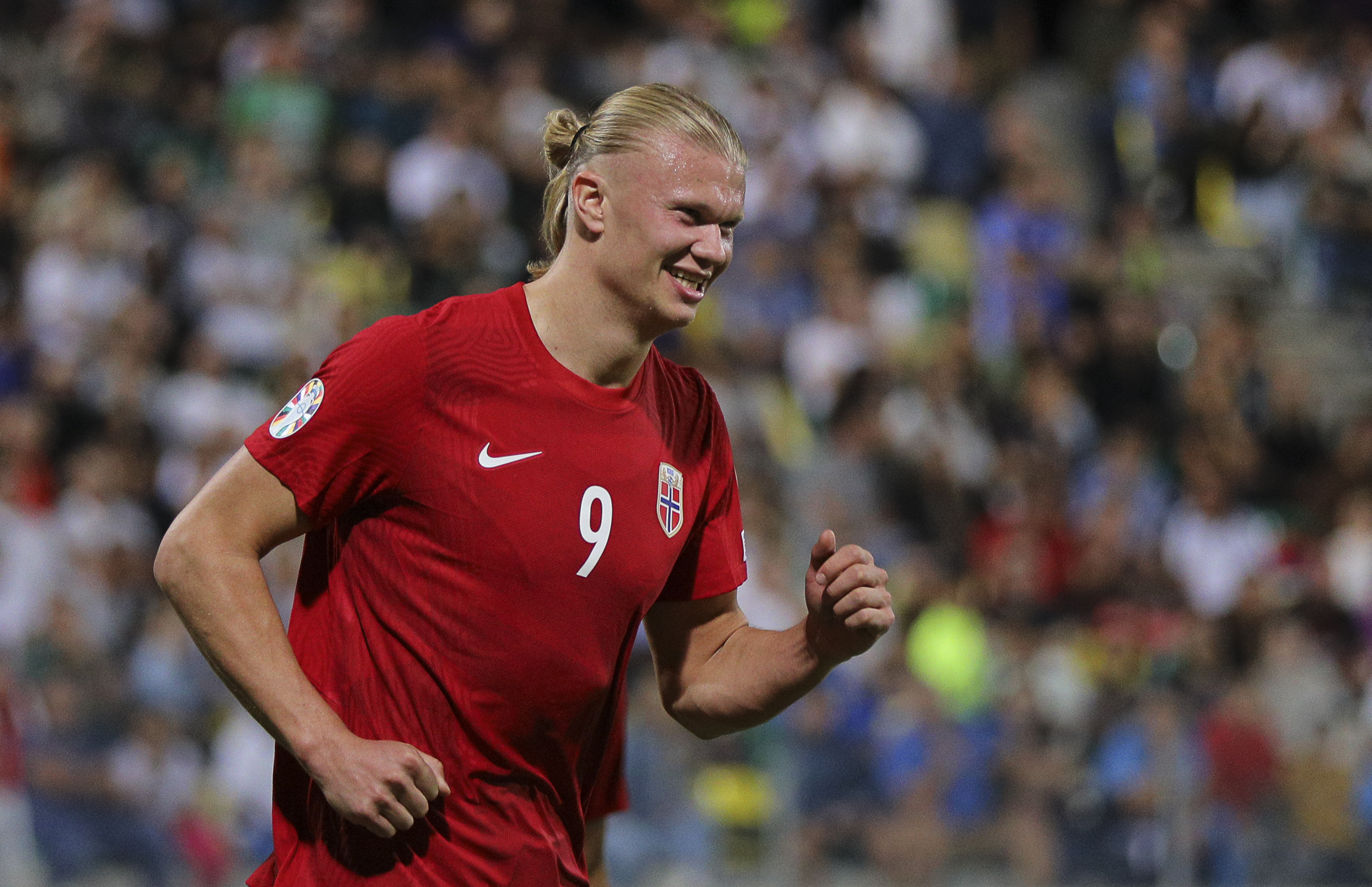 Erling Haaland celebrates a goal for Norway against Cyprus in October 2023.