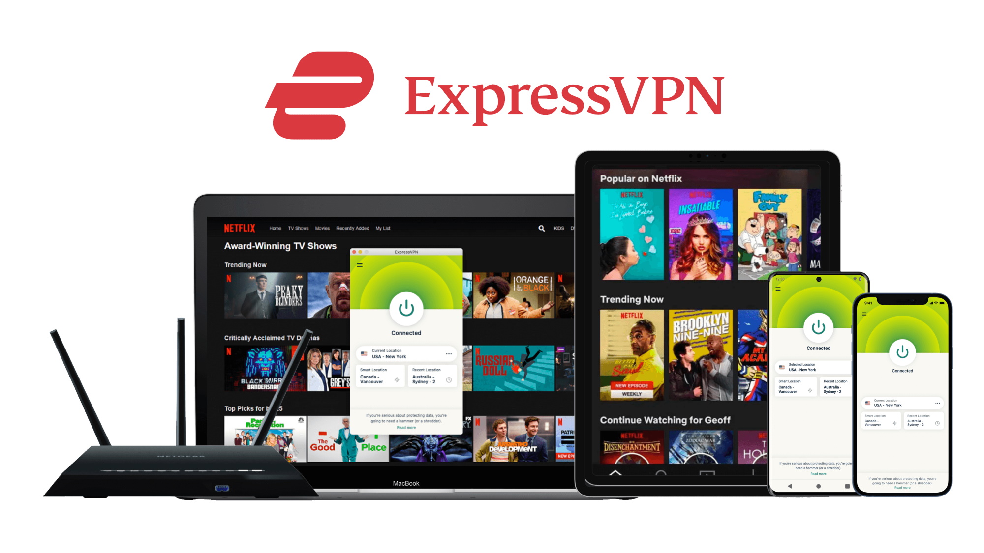 ExpressVPN accessing Netflix on a laptop, tablet, and phone