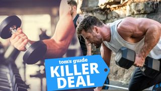Left image bicep curl with dumbbell and right image Chris Hemsworth exercising with dumbbell, center Tom's Guide killer deal badge