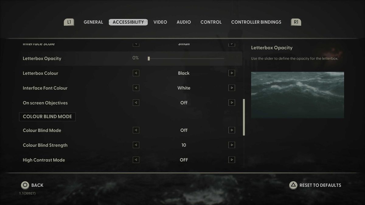 Screenshots of the accessibility menu from the video game Still Wakes the Deep