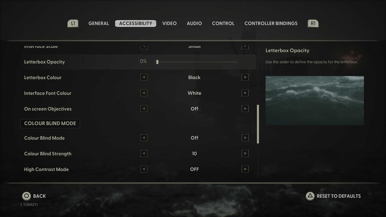 Screenshots of the accessibility menu from the video game Still Wakes the Deep