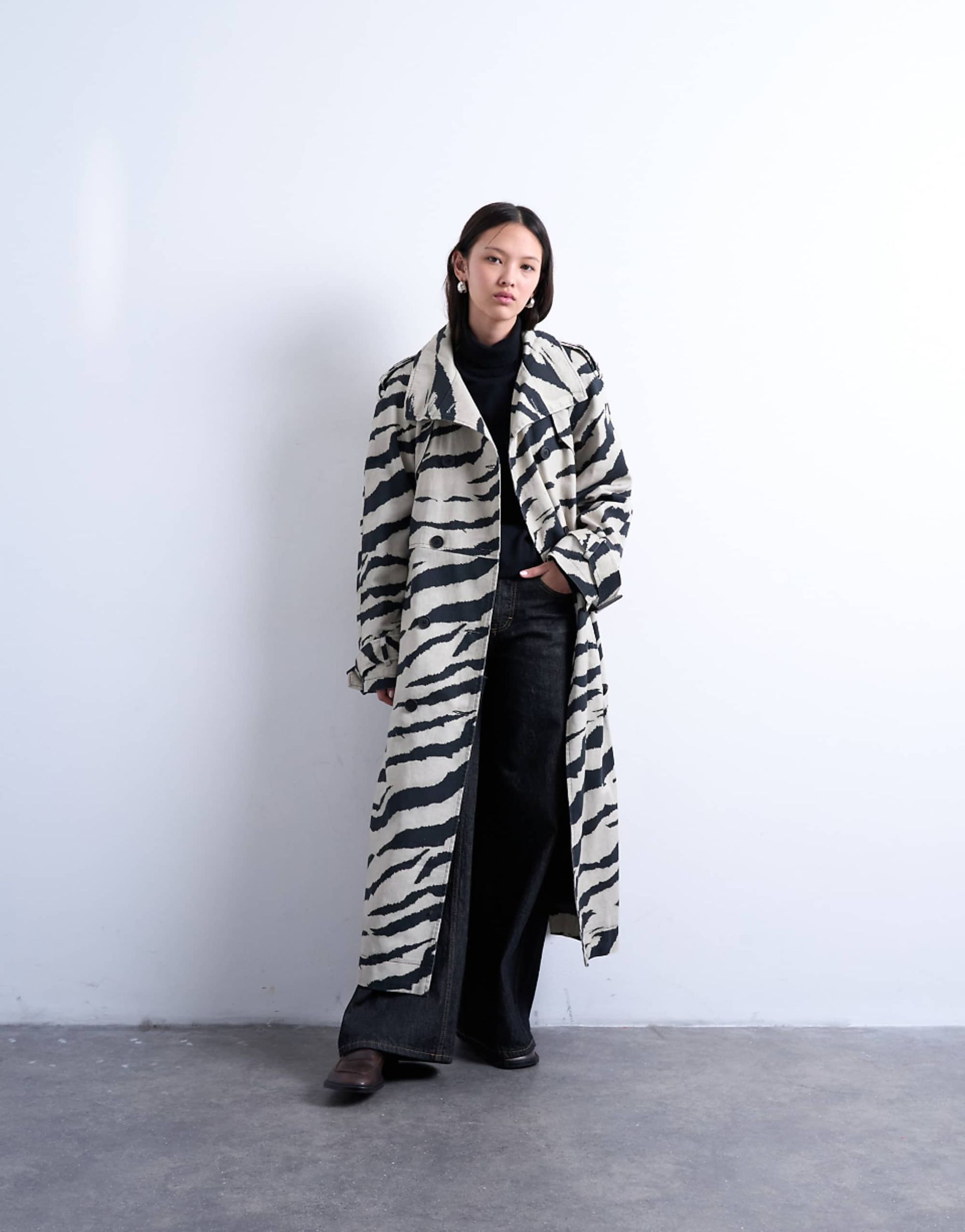 Topshop Zebra Print Funnel Neck Trench Coat in Black
