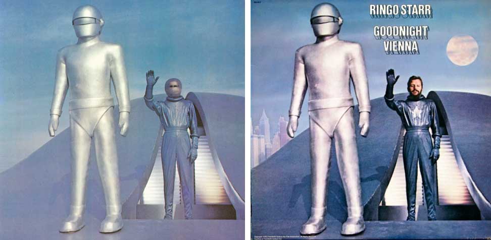 Lock Martin in a robot costume, alongside Michael Rennie waving as he emerges from a spacecraft in a publicity still issued for the film, &#039;The Day the Earth Stood Still&#039;, 1951. Also: The cover of Ringo Starr&#039;s album Goodnight Vienna
