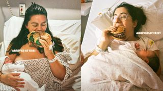 two women eating a Burger King with newborn babies with text saying &#039;arrived at&#039; plus a time