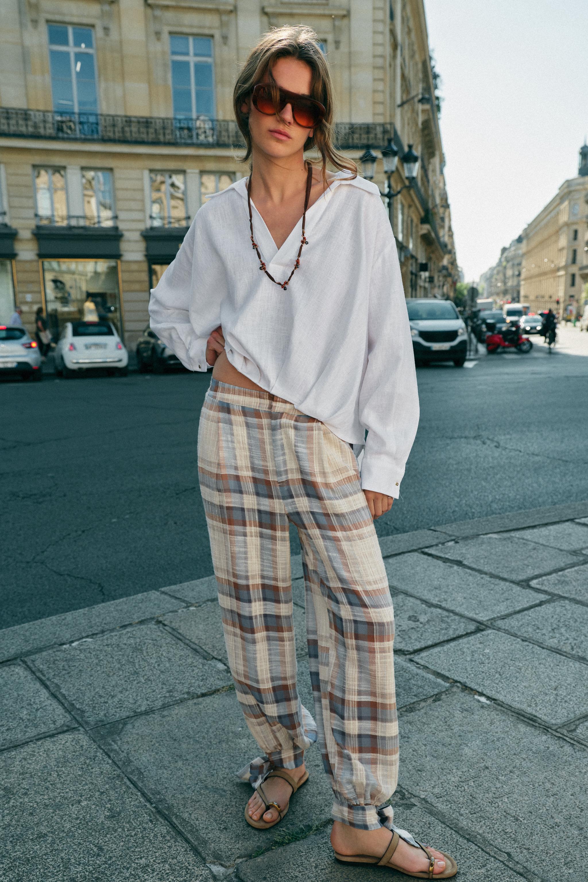 Plaid Bow Balloon Pants - Brown-Blue - Xs