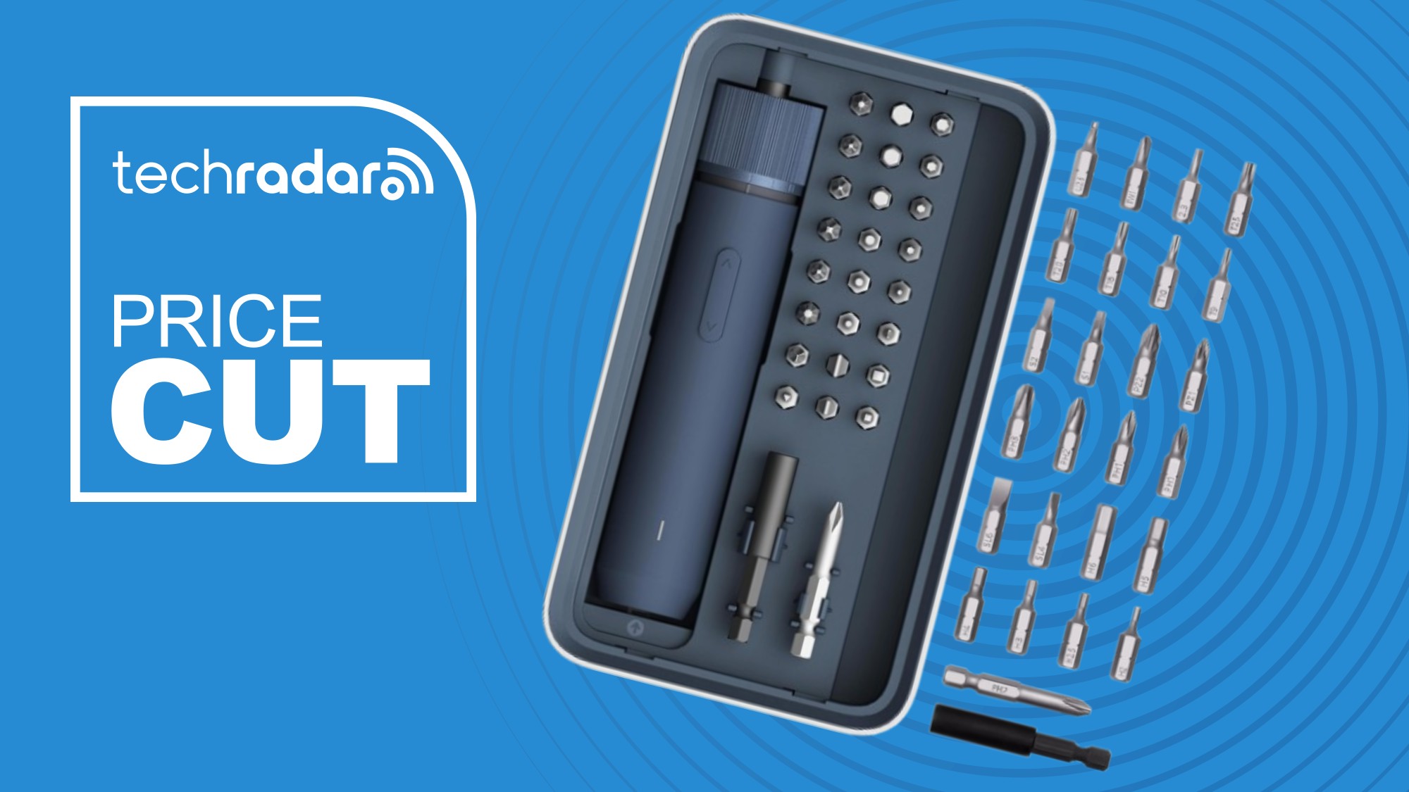 The Hoto screwdriver kit on a blue background next to a TechRadar badge that reads 'Price Cut' in white font
