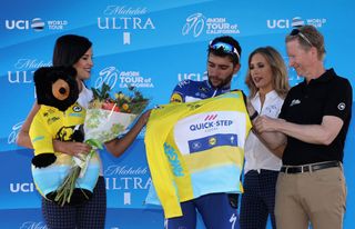 Fernando Gaviria receives the leader's jersey after stage 1 of the Tour of California