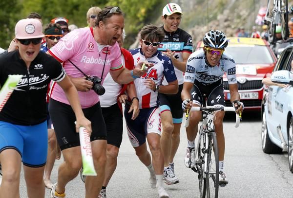 Alberto Contador was forced to weave through the crazed fans on the Alpe d'Huez