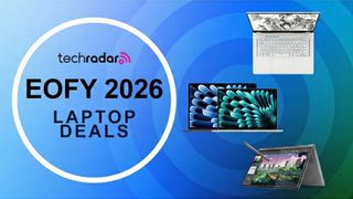EOFY 2026 and TechRadar logo with three laptops on a patterned blue background
