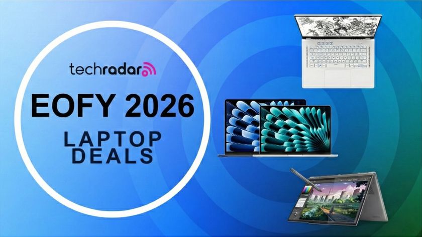 EOFY 2026 and TechRadar logo with three laptops on a patterned blue background