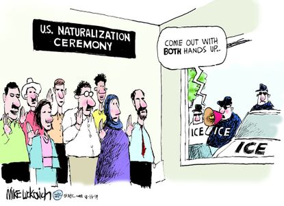Political Cartoon U.S. Naturalization Ceremony ICE Hands Up