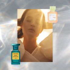 best summer perfume for women on a light effect background with a woman in the glowing sunlight next to two summer perfumes including tom ford and MFK kurky