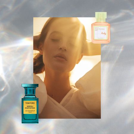 best summer perfume for women on a light effect background with a woman in the glowing sunlight next to two summer perfumes including tom ford and MFK kurky