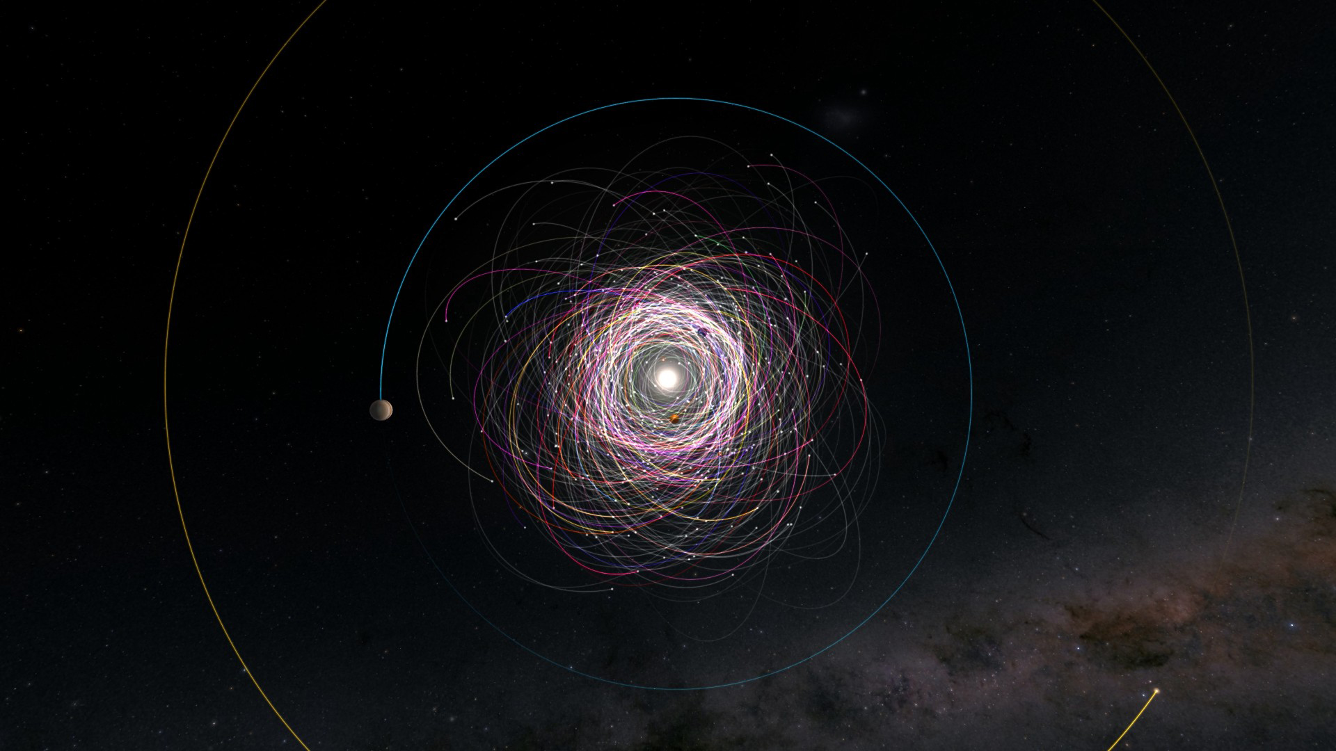 The swirling orbits of about 156,823 of the asteroids identified as part of Gaia DR3.