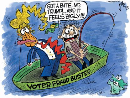 Political cartoon U.S. 2016 election Donald Trump voter fraud bigly