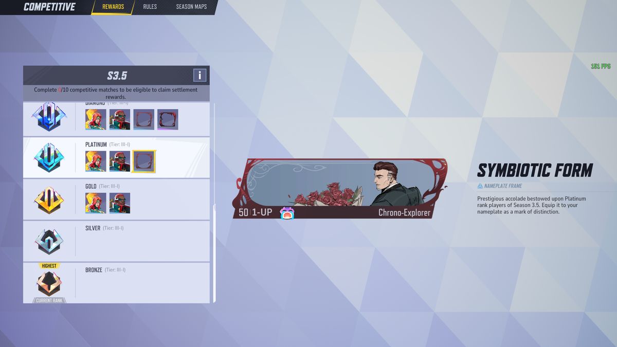 Marvel Rivals ranked rewards: The Symbiotic Form nameplate in the rewards preview screen.