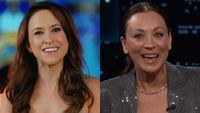Lacey Chabert is shown talking about an upcoming Hallmark movie, and Kaley Cuoco is shown on Jimmy Kimmel Live!