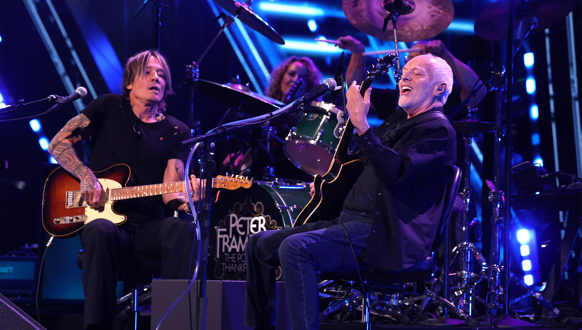 Keith Urban and Peter Frampton perform onstage during Frampton's 2024 Rock &amp;amp; Roll Hall Of Fame Induction Ceremony, October 19, 2024.