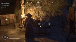 Assassin's Creed Shadows scouts - Naoe standing next to a crate of resources that can be smuggled from a camp at night.