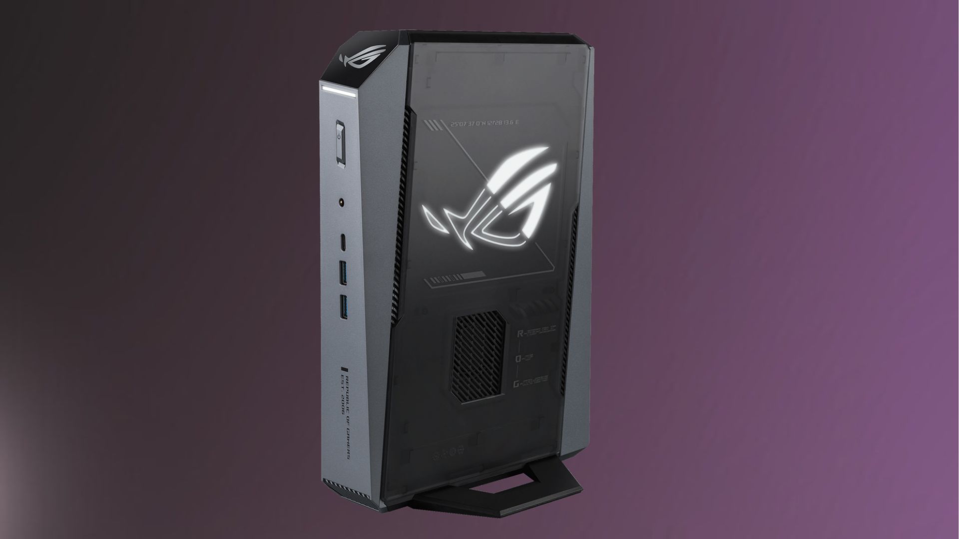 ASUS ROG GR70 mini pc on a gradient background