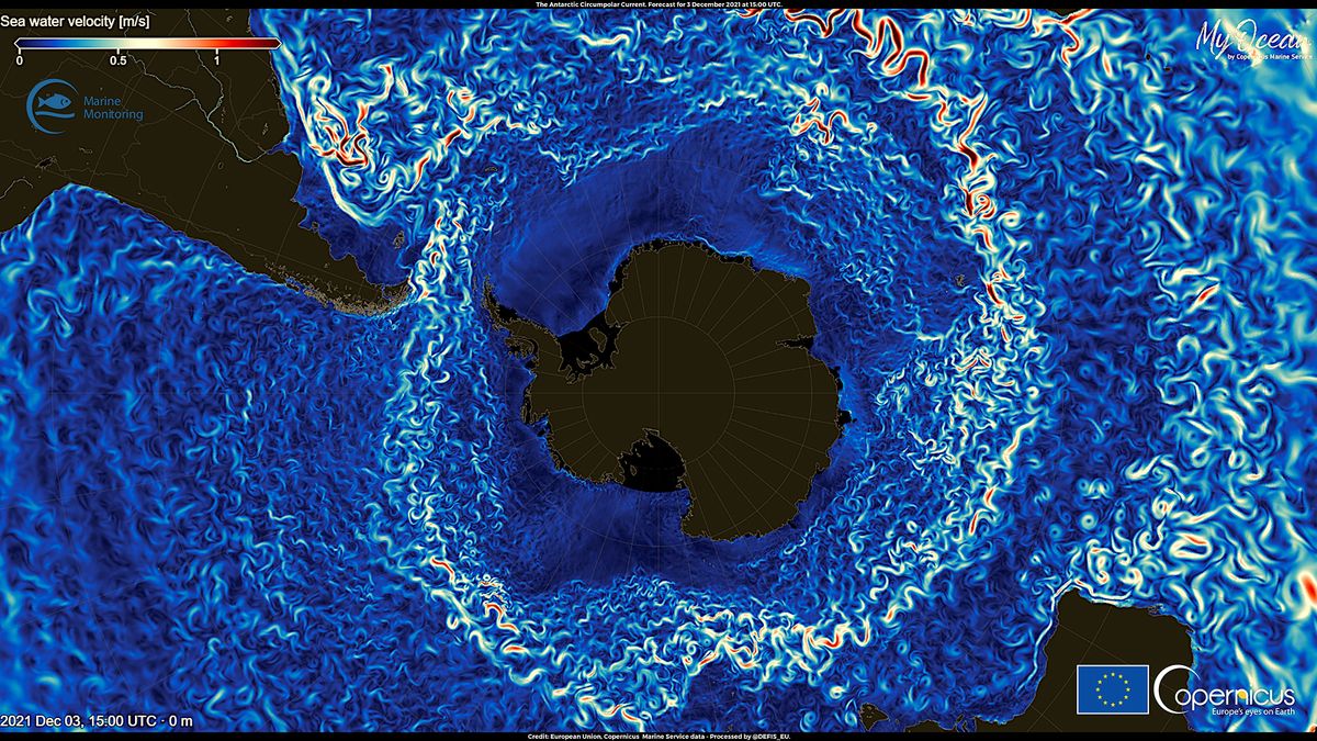 Imagini prin satelit ale curentului circumpolar din Antarctica (ACC).