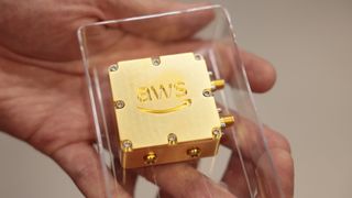 A prototype of an integrated quantum memory package is seen inside Amazon's quantum networking lab