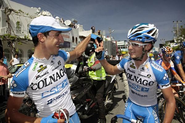 Stage 5 winner Andrea Di Corrado, left, is congratulated by Colnago-CSF Inox teammate Enrico Battaglin.