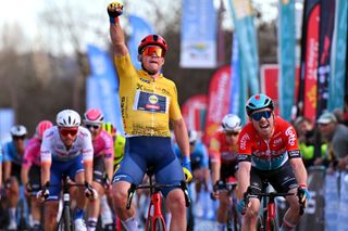 BESSEGES FRANCE FEBRUARY 02 LR Mads Pedersen of Denmark and Team Lidl Trek Yellow Points Jersey celebrates at finish line as stage winner ahead of Milan Menten of Belgium and Team Lotto Dstny during the 54th Etoile de Besseges Tour du Gard Stage 3 a 16111km stage from Besseges to Besseges on February 02 2024 in Besseges France Photo by Luc ClaessenGetty Images