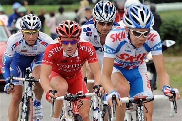 Break riders Mikhail Ignatiev (Katusha), Samuel Dumoulin (Cofidis), Benoit Vaugrenard (Francaise des Jeux), Thierry Hupond (Skil-Shimano)