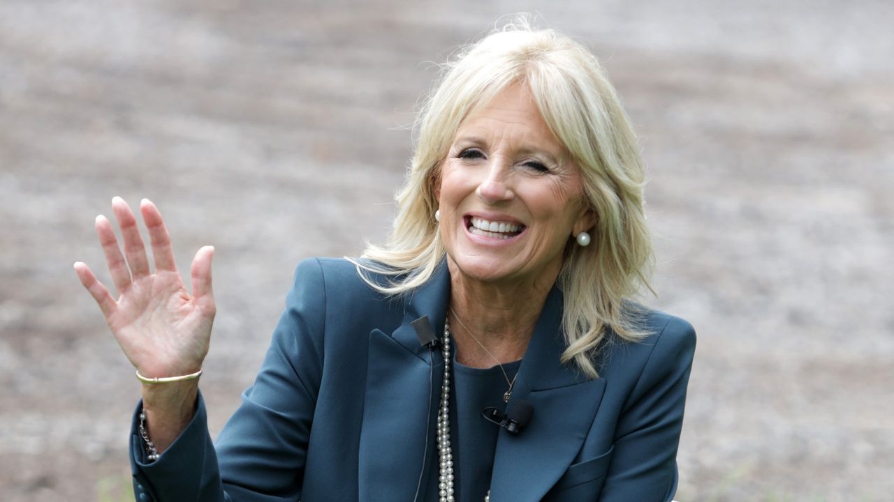 WILMINGTON, DELAWARE - SEPTEMBER 01: Dr. Jill Biden, wife of Democratic presidential candidate former Vice President Joe Biden, gestures during a visit at Evan G. Shortlidge Academy on September 1, 2020 in Wilmington, Delaware. Dr. Biden visited the school and took part in conversations with educators on safely reopening schools. (Photo by Alex Wong/Getty Images)