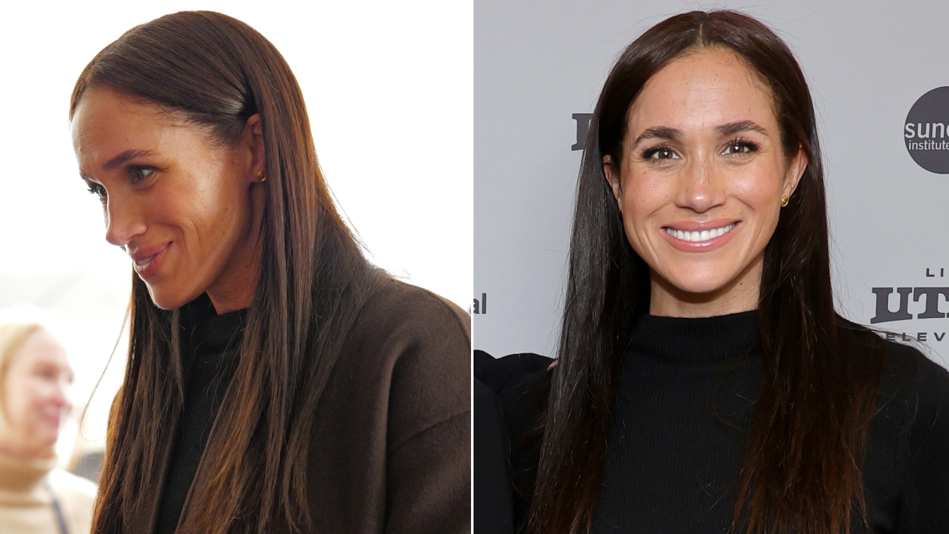 Meghan Markle poses wearing Mother black bootcut jeans and black sweater, and a brown cashmere coat, at the Salt Lake City celebration and premiere of "Cookie Queens" at Sundance Film Festival on January 24, 2026 in Salt Lake City, Utah