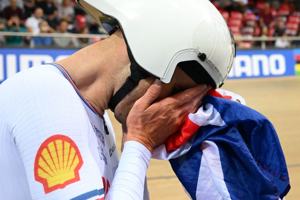 Great Britains Daniel Bigham reacts after his teams victory in the Mens Team Pursuit finals during the UCI Track Cycling World Championships at the Velodrome of SaintQuentinenYvelines southwest of Paris on October 13 2022 Photo by AnneChristine POUJOULAT AFP Photo by ANNECHRISTINE POUJOULATAFP via Getty Images