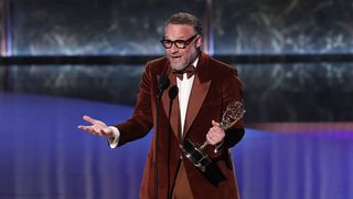 Seth Rogen holds the Outstanding Lead Actor in a Comedy Series award for The Studio onstage during the 77th Primetime Emmy Awards at the Peacock Theatre at LA Live in Los Angeles on September 14, 2025