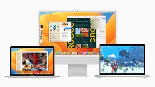 An image of macOS 13 running on various devices