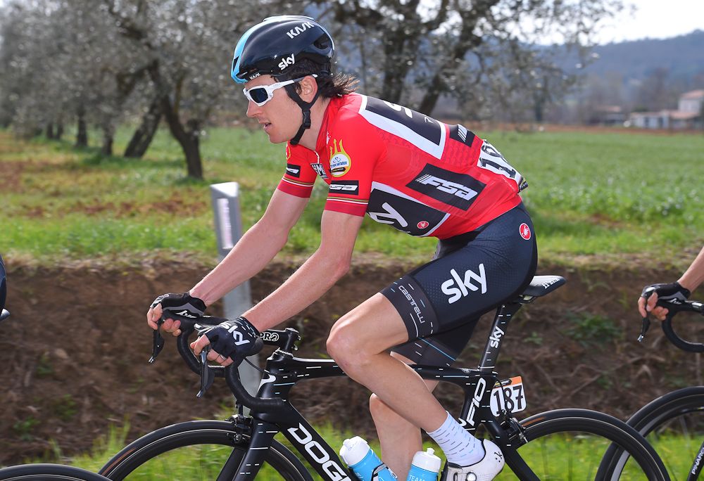 Geraint Thomas in the red jersey at Tirreno-Adriatico