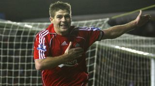 Steven Gerrard celebrates a goal for Liverpool.