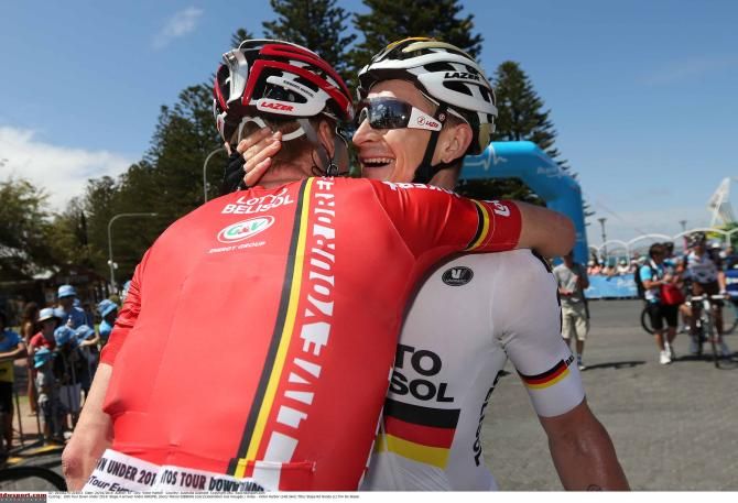 Andre Greipel celebrates with Lotto Belisol teammate Marcel Sieberg.