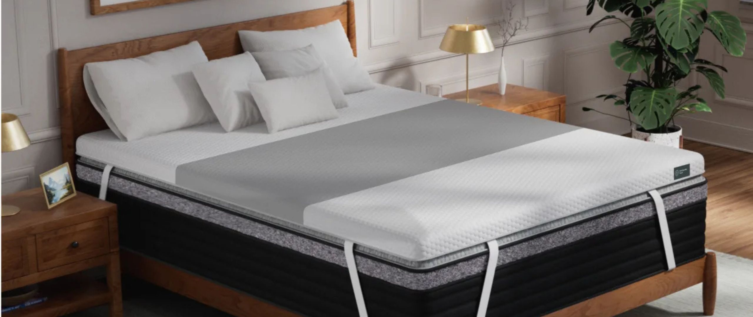 The Helix ErgoAlign Mattress Topper on a bed in a clean, stylish bedroom. 