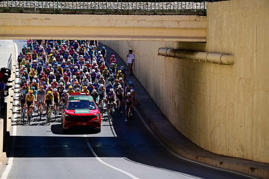PUCOL, SPAIN - AUGUST 29: A general view of the peloton prior to the La Vuelta - 81st Tour of Spain 2026, Stage 8 a 171km stage from Pucol to Xeraco / #UCIWT / on August 29, 2026 in Pucol, Spain. (Photo by Tim de Waele/Getty Images)