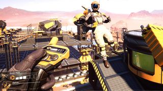 Satisfactory - two players co-op while standing at the top of a large factory contstruction