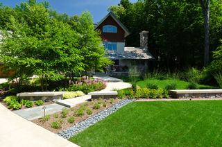 Green lawn in front yard with trees