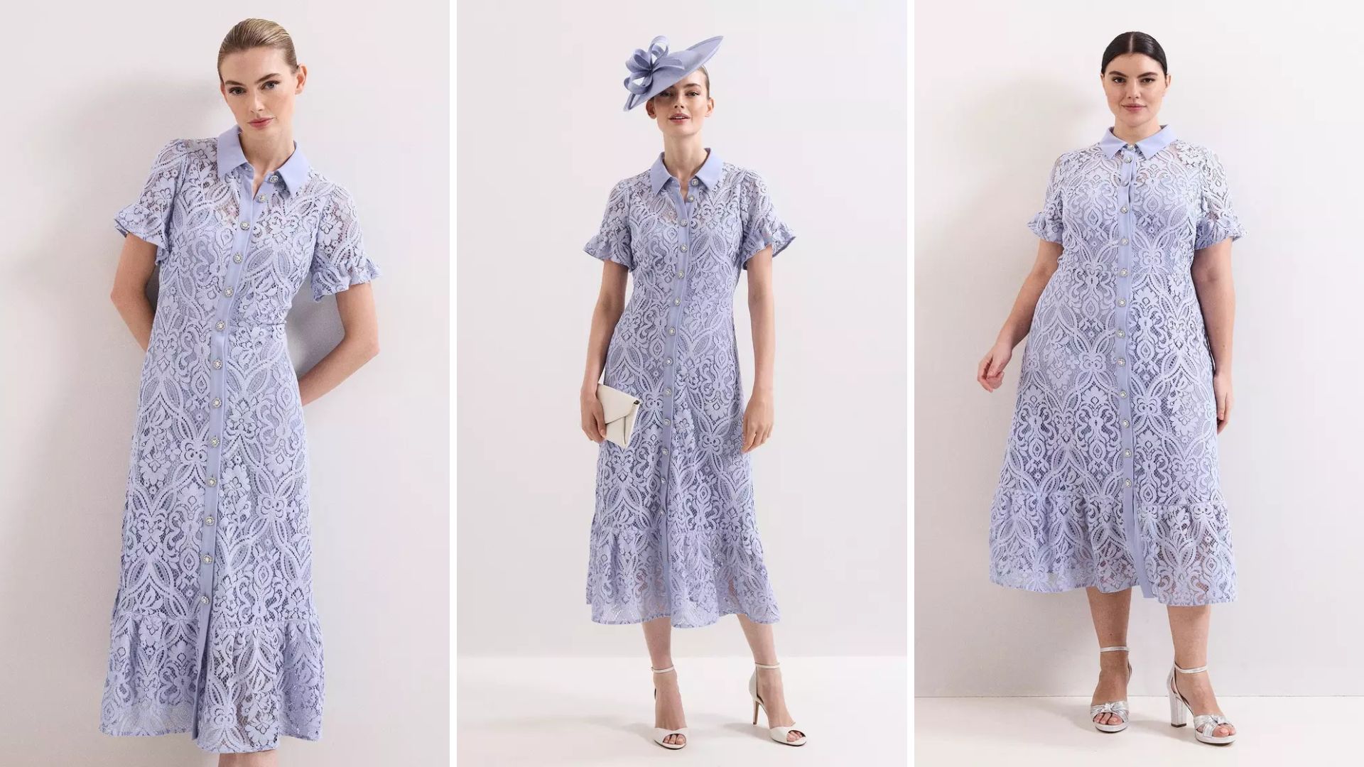 Three images of models wearing the Phase Eight Carmine Lace Midi Dress