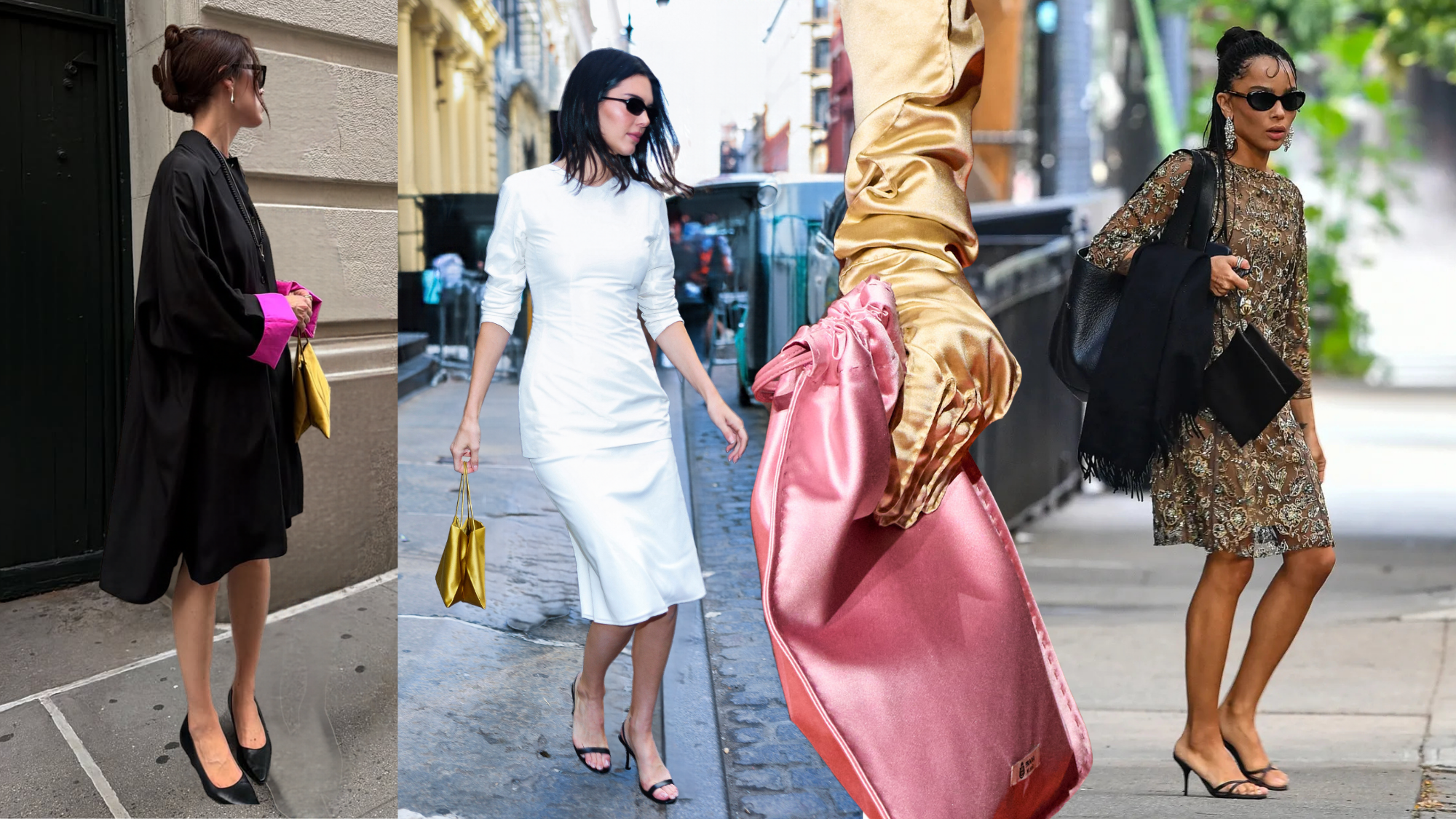 A collage of the satin bag trend. 