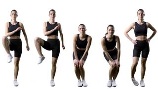Woman performing hip warm up exercises