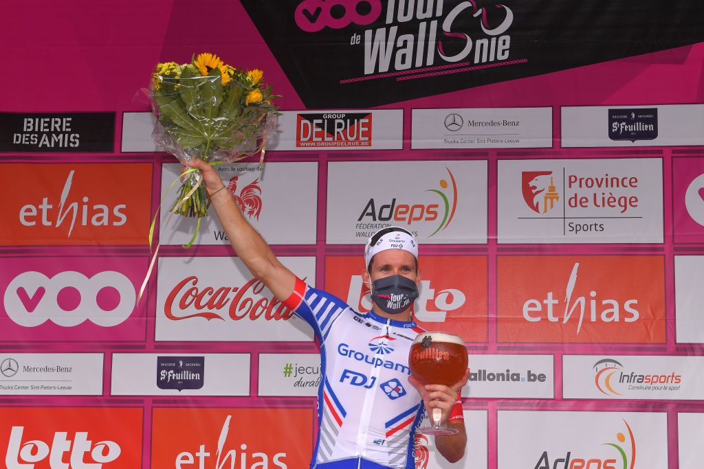 EREZEE BELGIUM AUGUST 19 Podium Arnaud Demare of France and Team Groupama FDJ Celebration Beer during the 41st Tour de Wallonie 2020 Stage 4 a 1994km stage from Blegny to Ereze 334m TourdeWallonie TRW2020 on August 19 2020 in Erezee Belgium Photo by Luc ClaessenGetty Images