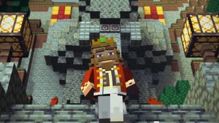 A 3D character made to look like a Minecraft character is dressed as a king walking down a cobblestone path.