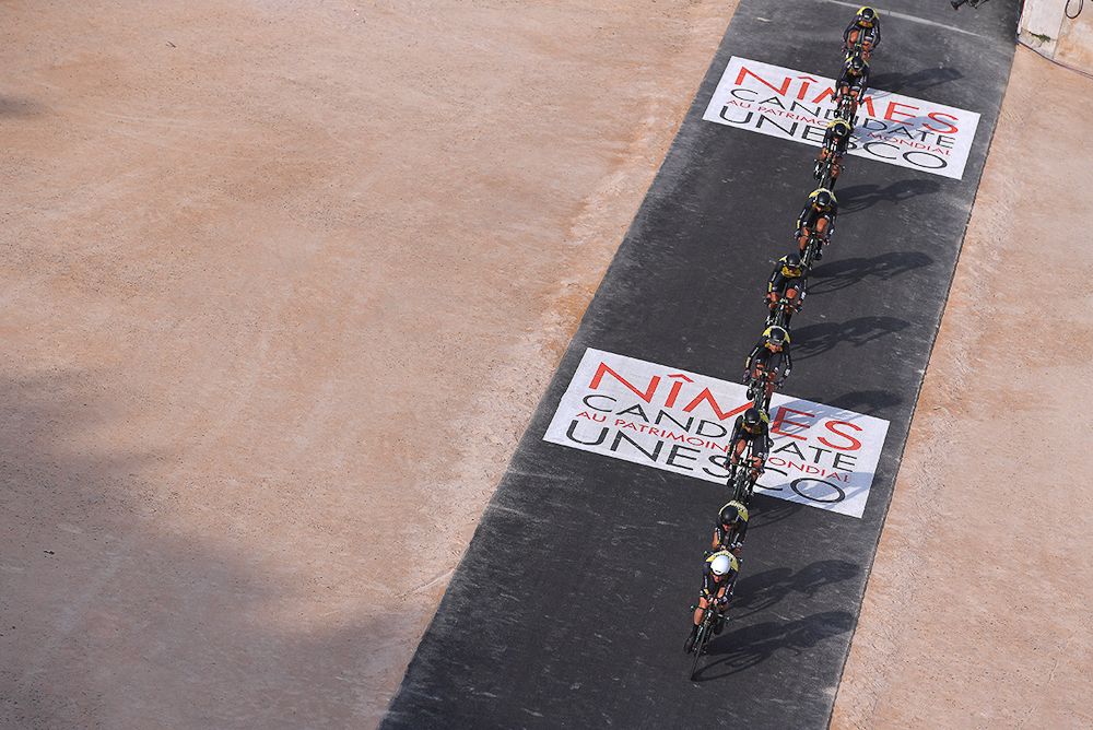 Riders leave the arena in Nimes